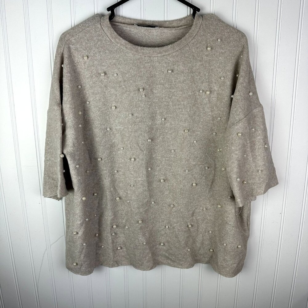 Zara Trafaluc Cream Short Sleeve Sweater Size Small Beaded pearl‎ Detail